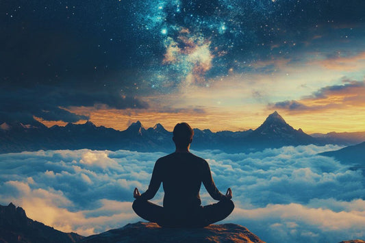 a man meditating on the top of the mountain with beautiful vivid stars in the sky