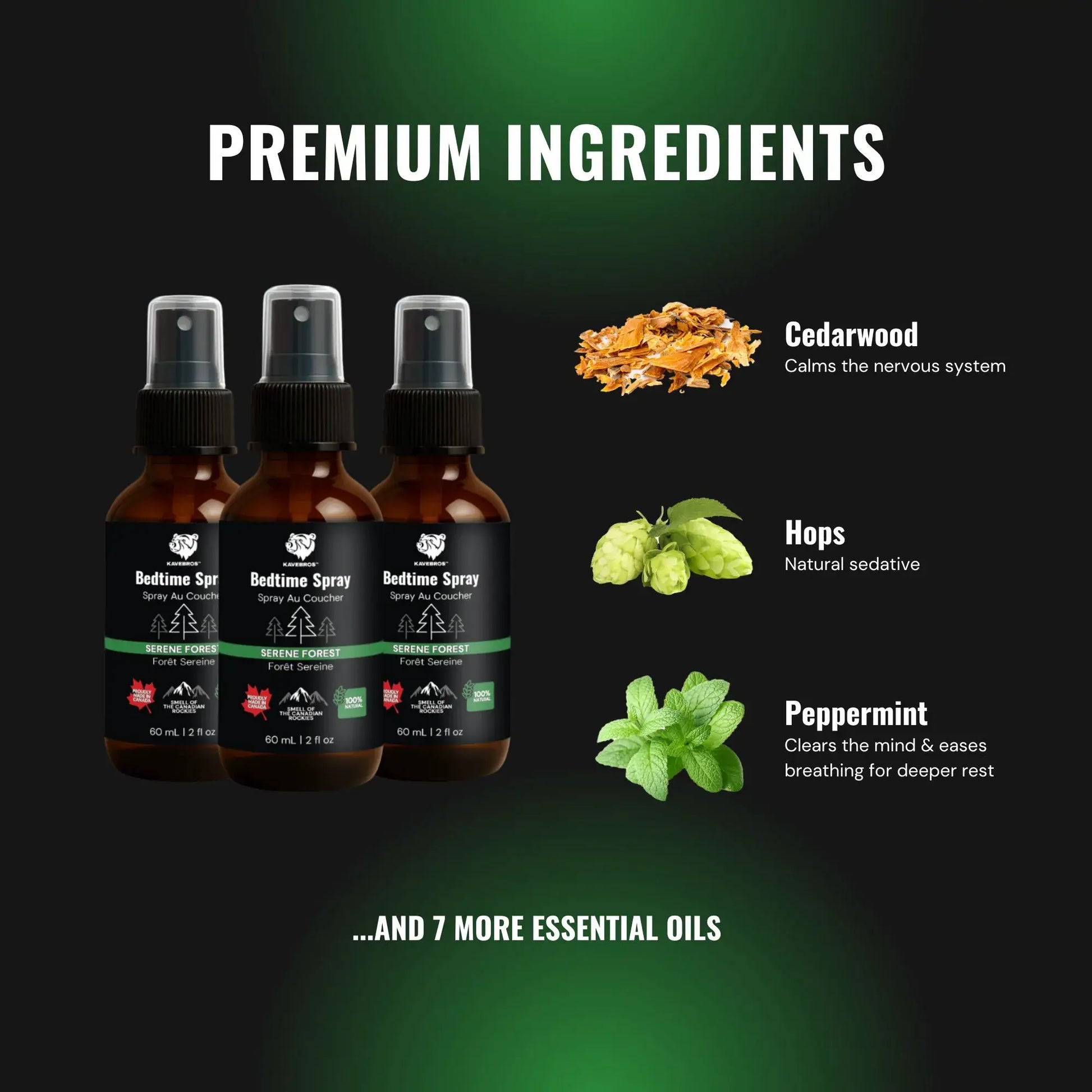 Three bottles of a KAVEBROS sleep spray with main ingredients listed on a dark green background