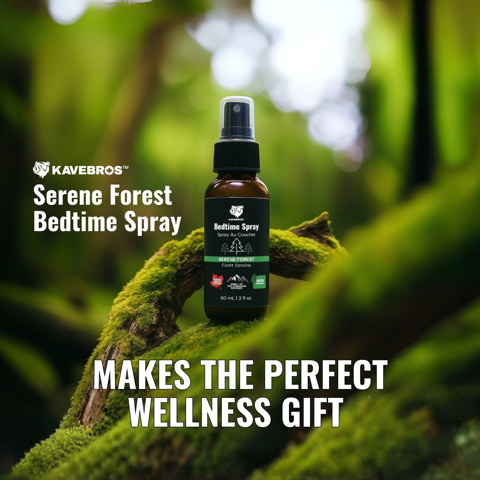 KAVEBROS Serene Forest Bedtime Spray bottle on a mossy branch with green foliage in the background.