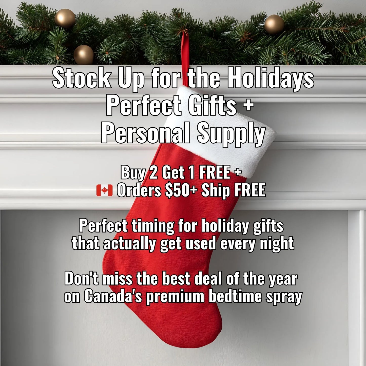 Red Christmas stocking hanging on a fireplace mantle with promotional text overlay.